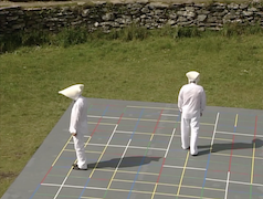 Brian O’Doherty, Structural Play: Vowel Grid, 1970/1998 (video still), Performance, Grianán Fort, Donegal, 1998, Courtesy Brian O’Doherty and Galerie Thomas Fischer, Berlin